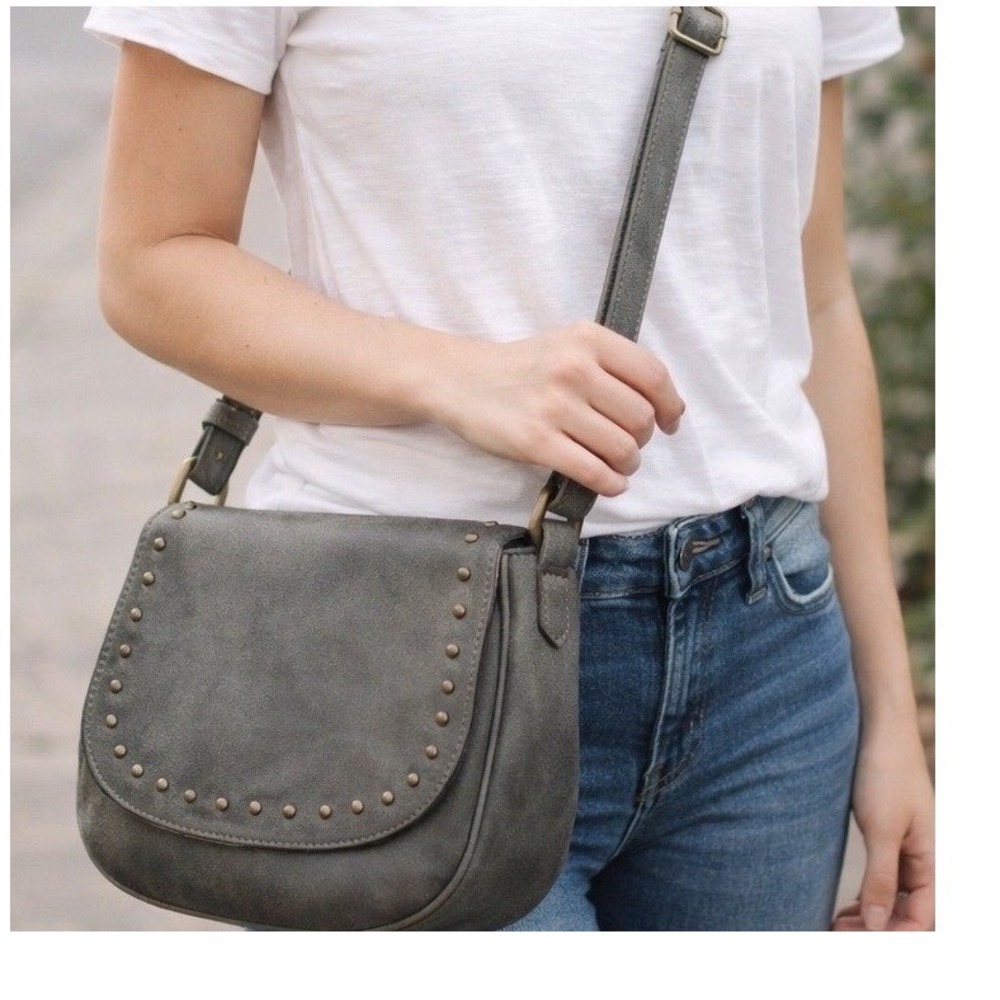 Olive Gray Faux Leather Studded Saddle Crossbody Bag Adjustable Strap Mens Women